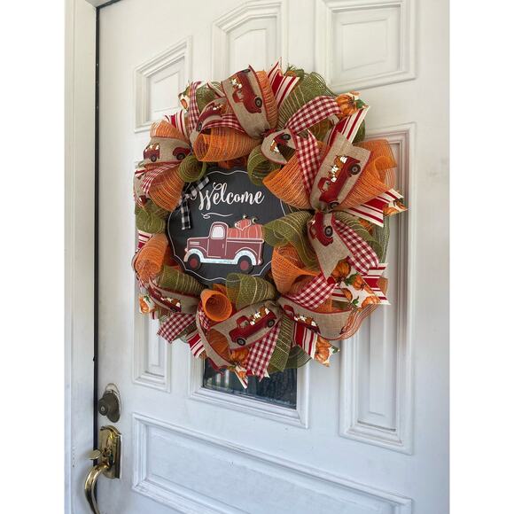 Welcome Red Truck Pumpkin Farmhouse Deco Mesh and Ribbon Fall Autumn Wreath - Picture 6 of 7